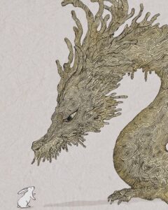 辰年をイメージした龍のイラストと、それを見上げる白いウサギ